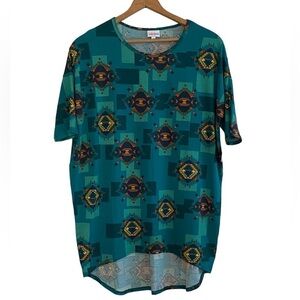 Lularoe Irma Blue and Green Short Sleeve Aztec Print T-Shirt Size Small